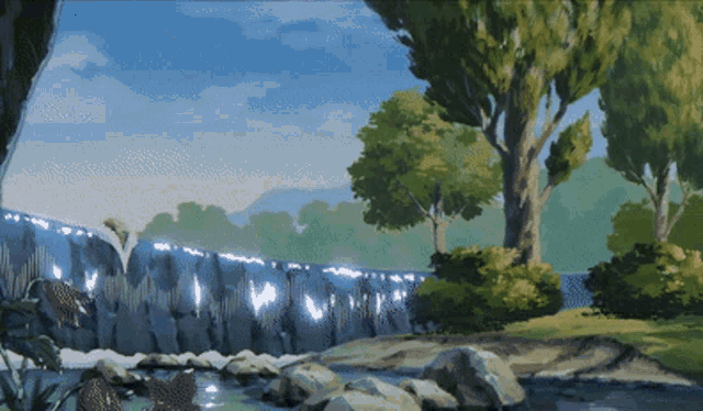a painting of a waterfall with trees and rocks in the foreground