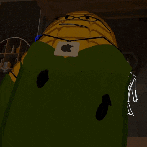 a cartoon character with an apple sticker on his shirt