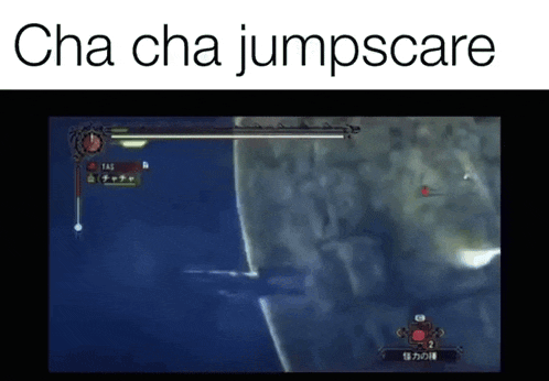 a video game screen with the words cha cha jumpscare