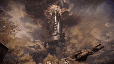 a video game scene with a tower in the background