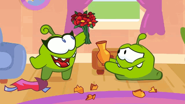 a green cartoon character holding a vase of flowers