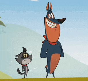 a cartoon dog and a cat are standing next to each other on a hillside