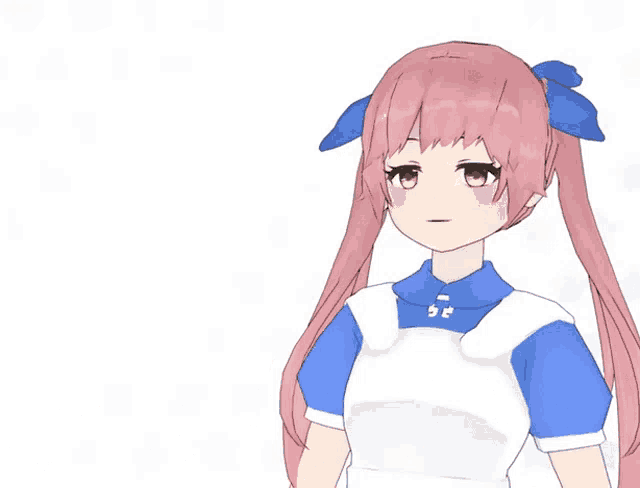 a girl with pink hair is wearing a white apron and a blue shirt with the word ? on it