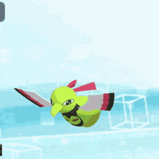 a green bird with red wings and a yellow beak is flying through the air