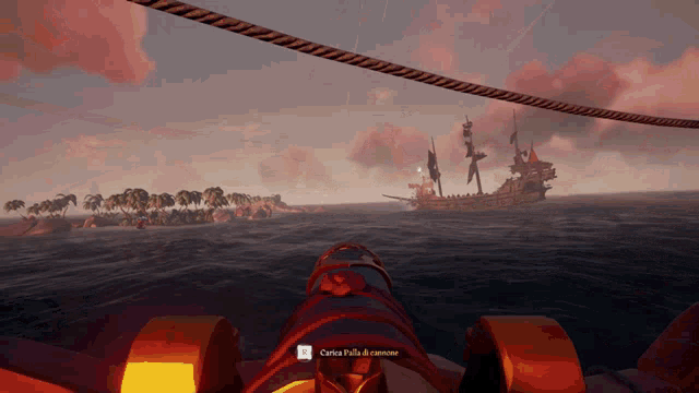 a screenshot of a video game shows a cannon pointing at a ship in the distance