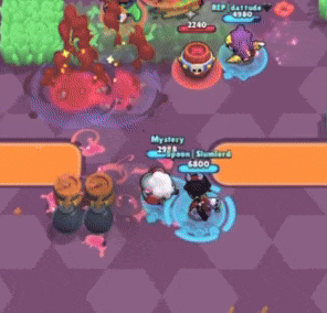a screenshot of a video game with a purple background and a purple character with a blue helmet on ..