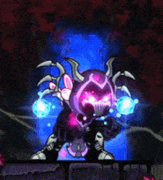 a cartoon character with horns and glowing eyes is standing in front of a blue background