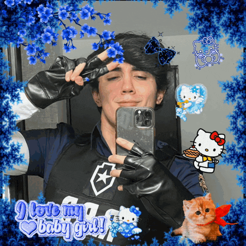 a man is taking a picture of himself with a hello kitty frame around him