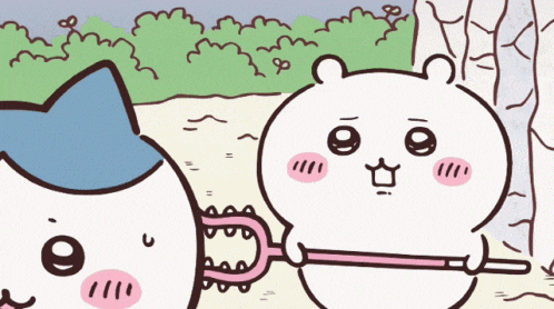 a cartoon drawing of a cat and a bear holding a stick