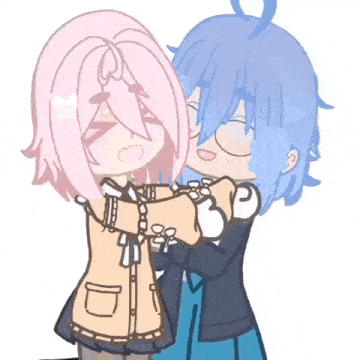a girl with pink hair and a boy with blue hair are hugging each other in a drawing .