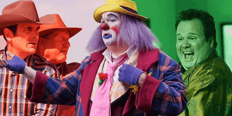 a clown with purple hair and a yellow hat is standing next to two other men