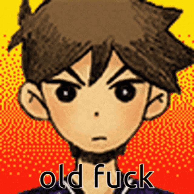 a pixel art drawing of a boy with the words old fuck on the bottom