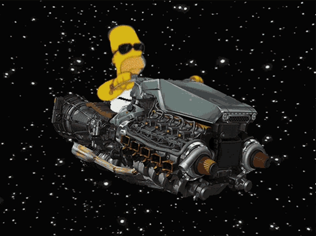 a cartoon of homer simpson sitting on a space engine