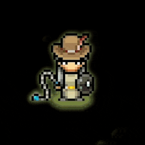 a pixel art drawing of a person in a cowboy hat surrounded by fire