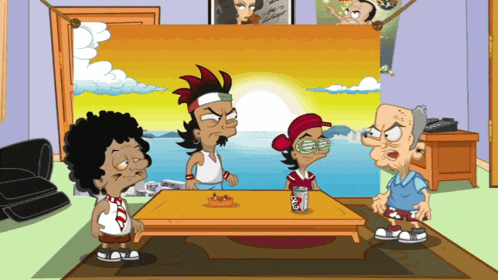 a group of cartoon characters are standing around a table with a can of dr pepper on it