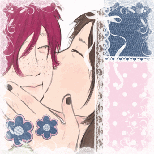 a drawing of a man kissing a woman with flowers in the background