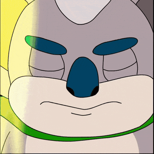 a cartoon character with a blue nose and green eyes