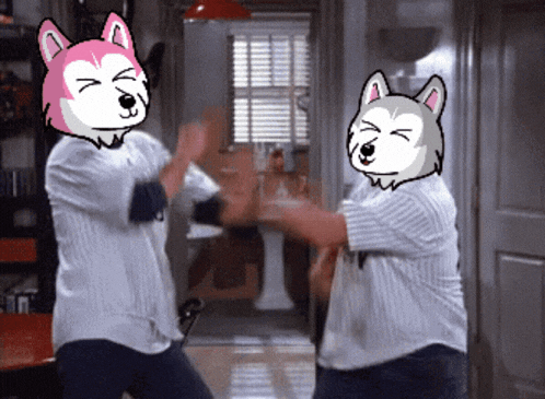 a cartoon of two people with huskies on their heads