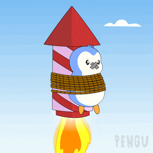 a cartoon of a penguin tied to a rocket with the word pengu on the bottom right