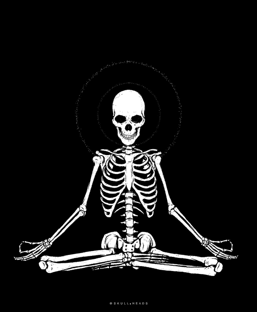 a black and white drawing of a skeleton sitting in a lotus position on a black background .