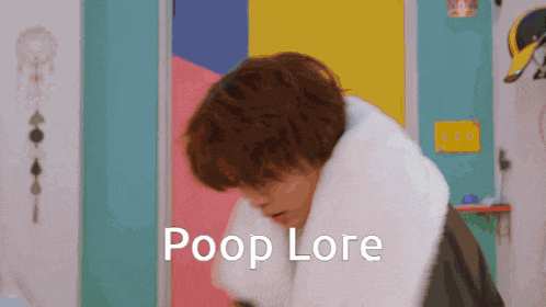a person is wearing a fur coat and the words poop lore are on the screen