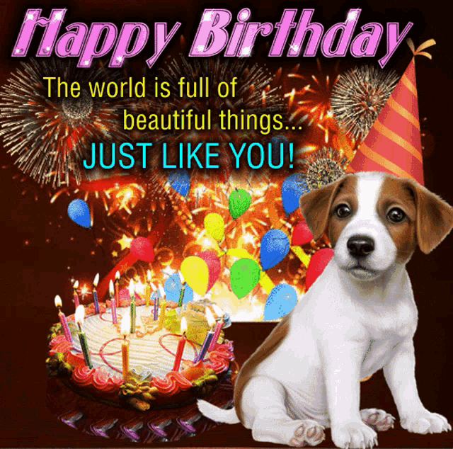 a birthday card with a puppy and a birthday cake