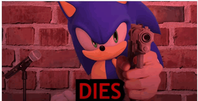 a sonic the hedgehog holding a gun in front of a brick wall with the word dies below him