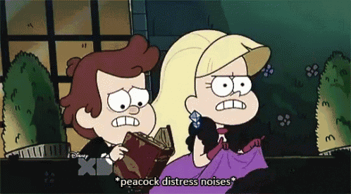 a cartoon character says peacock distress noises