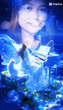 a woman in a blue dress is playing a piano with a cat behind her .
