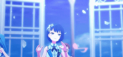 a girl with blue hair and a flower in her hair