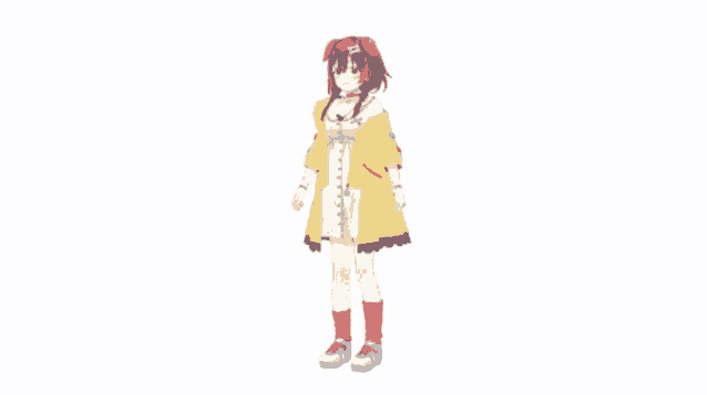 a 3d anime girl in a yellow coat is dancing