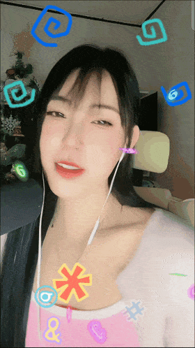 a woman wearing ear buds and a pink shirt is surrounded by colorful icons