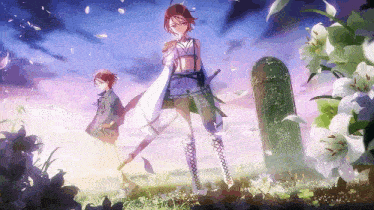 a couple of anime characters standing next to each other in a field of flowers