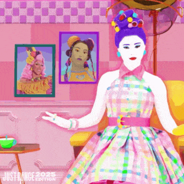 a woman in a colorful dress with just dance 2025 written on the bottom right