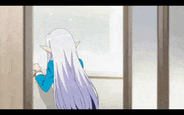 a girl with long white hair and elf ears looks out of a window