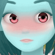 a close up of a girl 's face with red eyes and a pink cheek