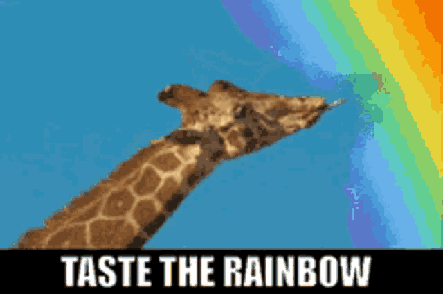 a giraffe with a rainbow in the background and the words taste the rainbow below it