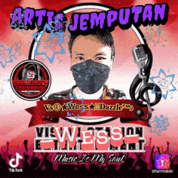 a cartoon of a man wearing a mask and a microphone with the words artis jemputan music is my soul