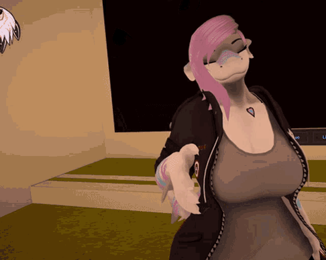 a woman with pink hair is standing in front of a screen that says ' u ' on it