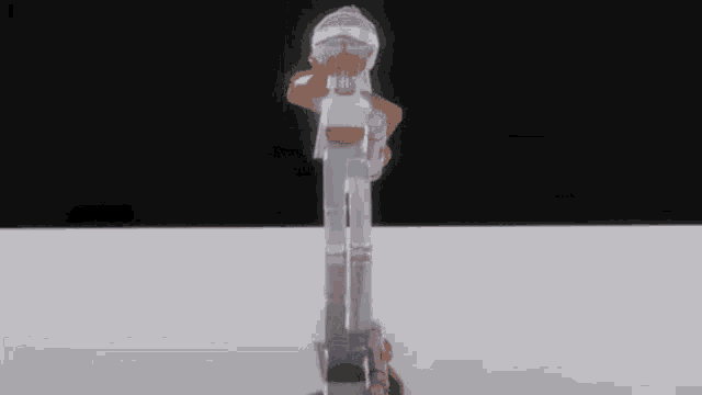 a 3d model of a girl wearing a pink hat and holding a skateboard