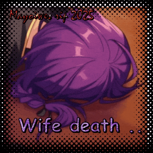 a picture of a woman with purple hair and the words wife death