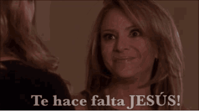 a close up of a woman with the words te hace falta jesus below her