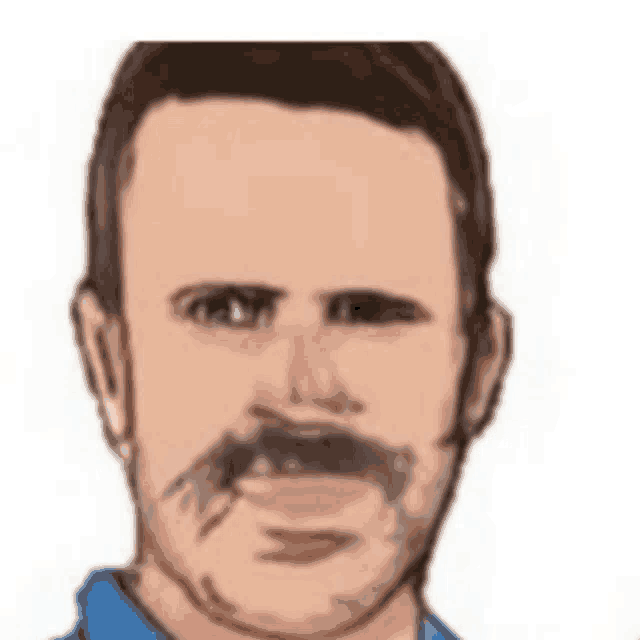 a man with a mustache is wearing a blue shirt and making a funny face .