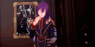 a cartoon character with purple hair is standing in front of a framed picture