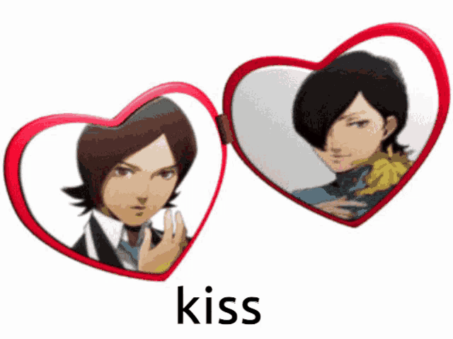 a heart shaped mirror with two pictures of a man and the word kiss