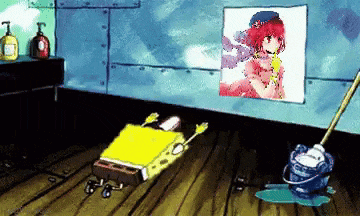 a cartoon of spongebob cleaning a room with a picture of a girl on the wall behind him .