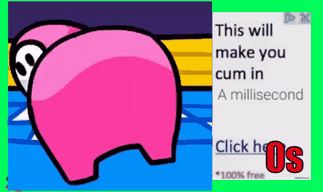 a pink among us character is next to a sign that says this will make you cum in a millisecond
