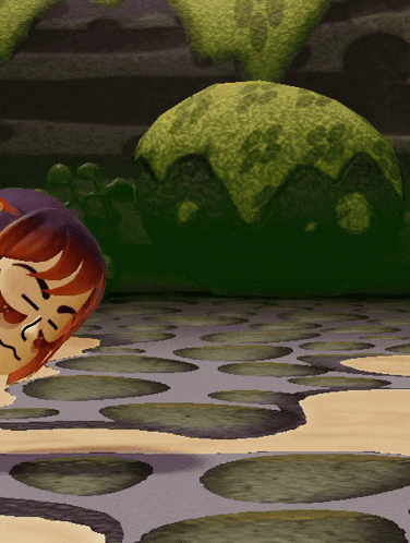 a cartoon character laying on a carpet with a green plant in the background