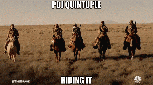 a group of men are riding horses in a field with a caption that says pdj quintuple riding it
