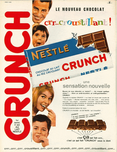 an advertisement for nestle crunch shows a woman eating it